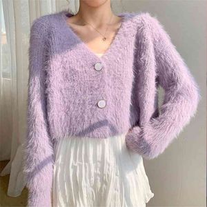 Foridol gebreide pluizige paarse vesten trui vrouwen lange mouwen fuzzy knop casual vest herfst winter ourfit 210415