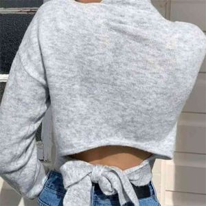 Foridol Gebreide Coltrui Backless Pullovers Vrouwelijke Bowknot Gray Herfst Winter Lange Mouw Casual Trui Jumper 210415