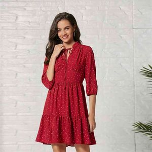 Foridol Lace Up Polka Dot Robe d'été Femmes élégantes dames bureau rouge robe courte plus taille vintage robe de printemps vestidos 210415
