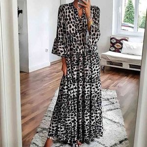 FORIDOL LEOPARD PRINT Long Maxi Robe d'hiver Femmes Plus taille Flare Chic Chic Big Size Boho Dames Dames Elegant Robe 210415