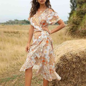 Foridol paisely print wrap jurk lange vrouwen zomer bohemien jurk batwing mouw oranje ruffel strand vakantie jurk vestidos 210415