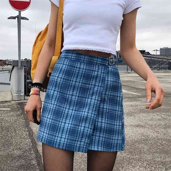 Foridol plaid vintage ceinture jupe femme chic streetwear carreaux mini taille haute damier une ligne bleu 210415