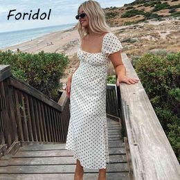 Foridol polka dot roze vintage spleet jurk bladerdeeg mouw lace up lange jurk strand vakantie zomerjurk elegante dames sundress 210415