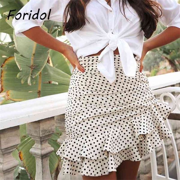 Foridol Polka Dot Ruched Mini Falda Mujeres White Ruffle Vintage Bodycon Chic Falda Alta Cintura Falda Faldas 210415