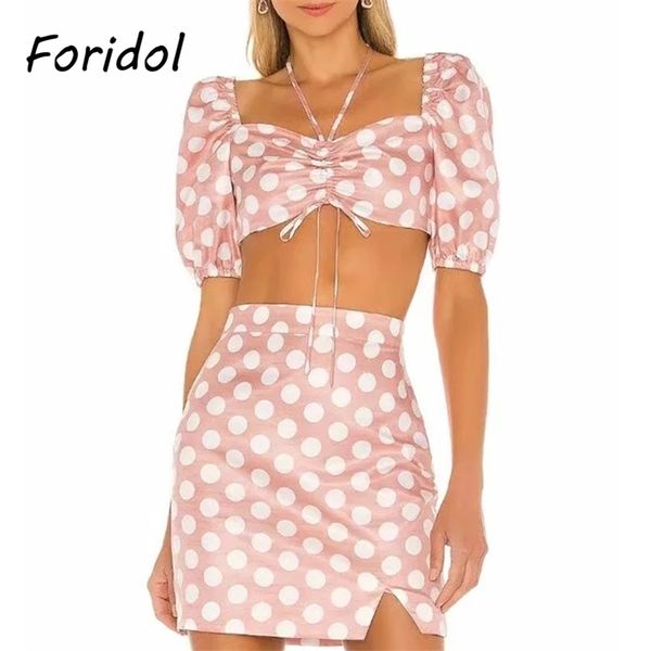 Foridol Polka Dot Summer Femmes Satin Robe Costume Puff Manches Crop Top Jupe Fendue Deux Pièces Robe Assortie Ensemble Vintage Robe Rose 210415