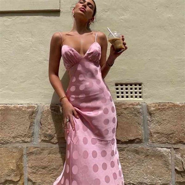 Foridol Polka Dot Vintage Robe Femmes Sans Manches Satin Rose Sangle Été Boho Plage Midi Dos Nu Soie 210415