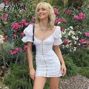 Foridol bladerdeeg mouwen bodycon witte jurk vrouwen elegante ruches zomer strand korte jurk vintage v nek vakantie jurk 210415