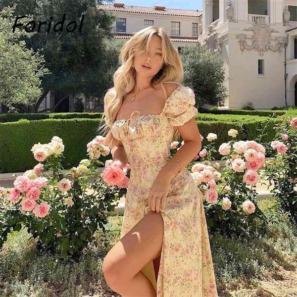 Foridol Puff manga estampado floral Boho vestido de verano mujeres vintage hendidura amarillo estilo francés vestido largo playa vacaciones sundress 210415