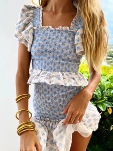 Foridol Ruches Tiered Floral Print Blue Women Summer Bodycom Mini Dress Set Butterfly Sleeve Vintage Franse stijl 2 PCS Outfit 240423