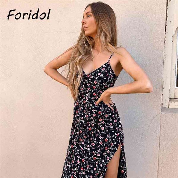 Foridol, sin mangas, estampado floral, bohemio, verano, vestido largo, informal, con abertura lateral, cuello en V, playa, maxi vestido, mujer, vintage, vestido de vacaciones, 210415