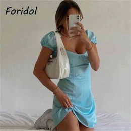 Foridol Solid Blue Summer Dress Femmes Mignon Bownot Front Casual Mini Sun Robe Puff Sleeve Sundress Femmes Vêtements 210415