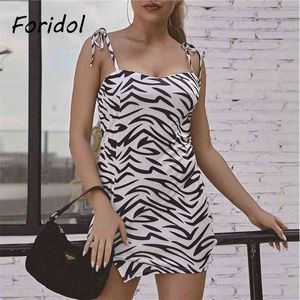 Foridol Strap sans manches Slip Dress Sexy Zebra Print Bodycon Mini Backless Gaine Short Summer Club Party 210415
