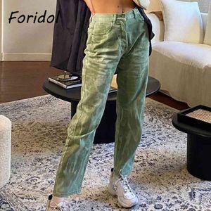 Foridol Tie-geverfd Denim Broek Casual Straight Jeans Groene Streetwear Broek Broek Dames Harajuku Lange Broek Bottom 210415