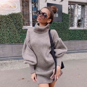 Foridol Turtleneck Lantern Mouw Gebreide Sweater Bodycon Jurk Dames Vintage Herfst Winter Casual Chic Short Dress 210415