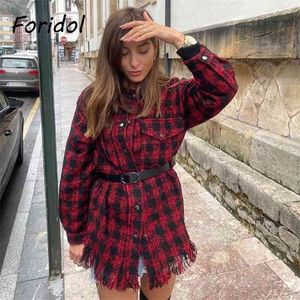 Foridol Tweed Gebreide Plaid Tassel Jas Vrouwen Jassen Enkele Breasted Riem Elegante Dames Geruite Vintage Streetwear Jassen 210415