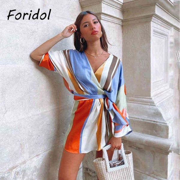 Foridol V Cou Stripe Casual Satin Romper Femmes Batwing Manches Large Jambe Mode Combishorts Salopette Bowknot Lâche Barboteuses 210415