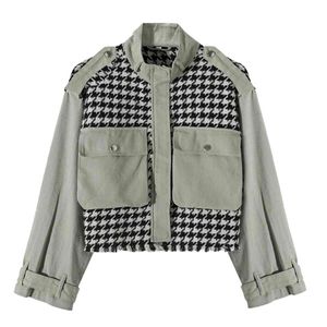 Vooridol Vintage Houndstooth Spliced ​​Wol Blend Coat Jacket Dames Streetstyle Pockets bijgesneden jasjas Korte Winter Tops 210415