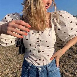 Foridol Vintage Polka Dot Blouse Tops Lantaarn Mouw Button Up Crop Tops Wit Chic Casual Boho Zomer Herfst Tops 210415