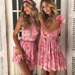 Foridol mujeres rosa verano vestido playa boho vestido corto sin espalda ahueca hacia fuera vestido casual halter vestidos 210415