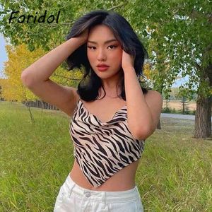 Vooridol Zebra Print Satijn Camis Crop Tops Dames Zomer Boho Leuke Bowknot Sexy Backless Strap Top Dierlijke Patroon Print Top 210415