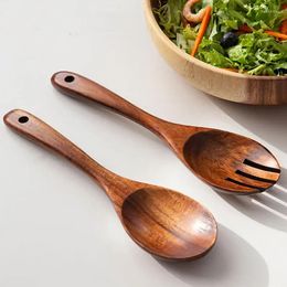 Vorken 1/2 Stuks Houten Salade Servers Lepel Vork Set Lange Steel Grote Diner Serveren Kookgerei Bestek Keuken Servies