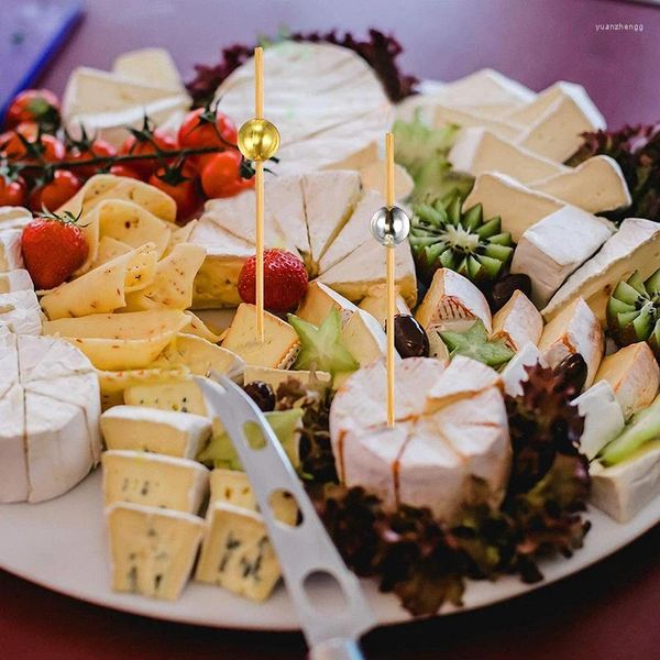 Tenedores 100 Uds 12cm cuentas doradas palitos de fruta de bambú ensalada Tenedor de aperitivo decoración de cóctel pastel palillos de dientes suministros para fiesta de boda