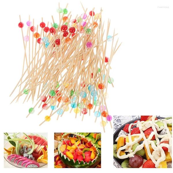 Tenedores 100 unids Cuentas coloridas Palos de fruta de bambú para decoración Cóctel Ensalada Snack Sandwich Buffet Palillos de dientes Fuente Fiesta de boda