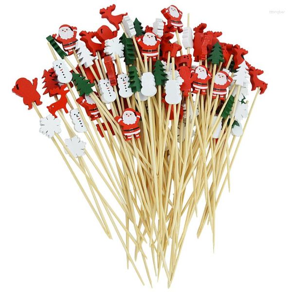 Fourchettes 100pcs fantaisie cocktail pics bambou fruits festifs cure-dents apéritif brochettes bâtons en bois avec des arbres de Noël sur le dessus