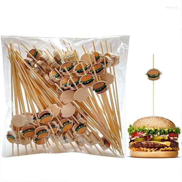 Tenedores 100x hamburguesa decorada palitos de bambú desechables fruta snack pinchos fiesta buffet selecciones sándwich decoración