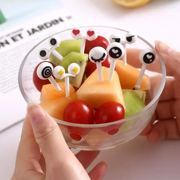 Horquillas 10pcs/set mini brochetas lindos ojos de dibujos animados kawaii lunch bento sicks frutas seleccionadas barbillas de buffet buffet toppers decoración