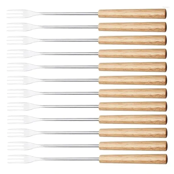 Fourchettes 12 pièces Fondue Fork Grilling Set Muddler Réutilisable Fruits Bbq Trempage Bois Acier Inoxydable Pour Cocktails