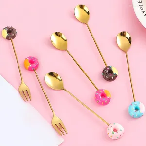 Vorken 1 PC Rvs Leuke Donut Vork Dessert Ijs Bestek Donuts Snoep Lepel Koffie Roeren Theelepel Servies Bestek