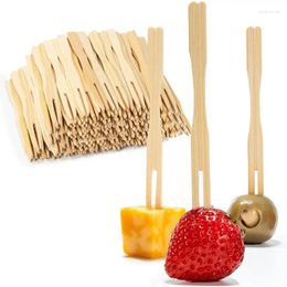 Tenedores 200 unids Aperitivo de bambú desechable para cóctel Fruta Postre Mini Doble Prong Buffet Sticks Vegetales