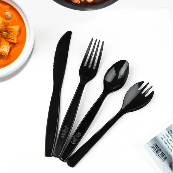 Fourks 25pcs cuillères en plastique Ensemble de couteaux en vrac Flaconware noir coupé jetable Cutlery réutilisable Racing Birthday Supplies Vide