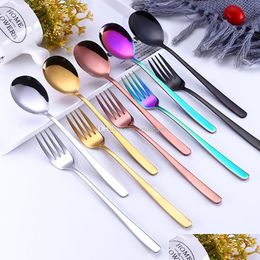 Vorken 304 roestvrijstalen lepel vork gouden regenboog roer scheppen mok ijs schep dessert gladje huizen keuken dineren flatware druppel deli dhfjg