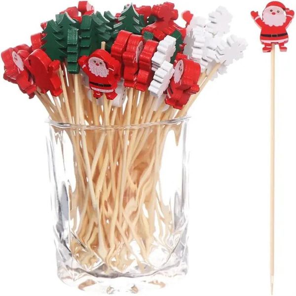 Fourchettes 50pcs / set bâtons de fruits de Noël jetables bambou flocon de neige arbre wapiti père noël bonhomme de neige ornements de noël