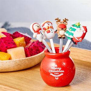 Fourchettes 5pcs / Set Fourchette de fruits de Noël en acier inoxydable Dessin animé Père Noël Salade Légumes