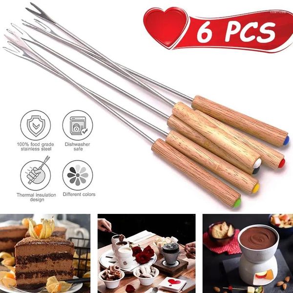 Tenedor de tenedores 6 piezas de acero inoxidable mango de madera de fondue de chocolate