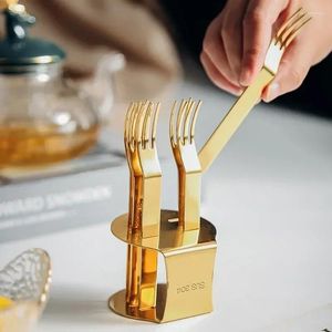 Fourks 6pcs Gold Fruit with Stand Coffee Fork Fork Set Cake Dessert Mini Cutlery Snack Kitchen Mining Dining Bar Bento Accessoires