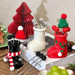 Fourchettes 6pcs en acier inoxydable fruits fourchette ensemble mignon créatif céramique bottes de Noël stockage peut ménage fruits pâtisserie vaisselle