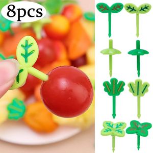 Vork 8 stks bladvormige fruit vork mini creatieve groene bladeren snack cake dessert tandenstoker kinderen bento lunches decoratie