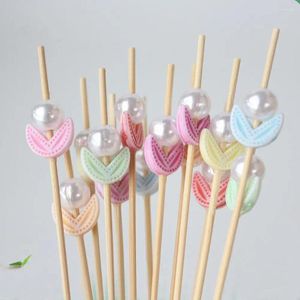 Tenedores Palillos de dientes de bambú Elegante Flor de perla de imitación Selecciones de frutas para decoración de postres de buffet 100 Cocina de cóctel