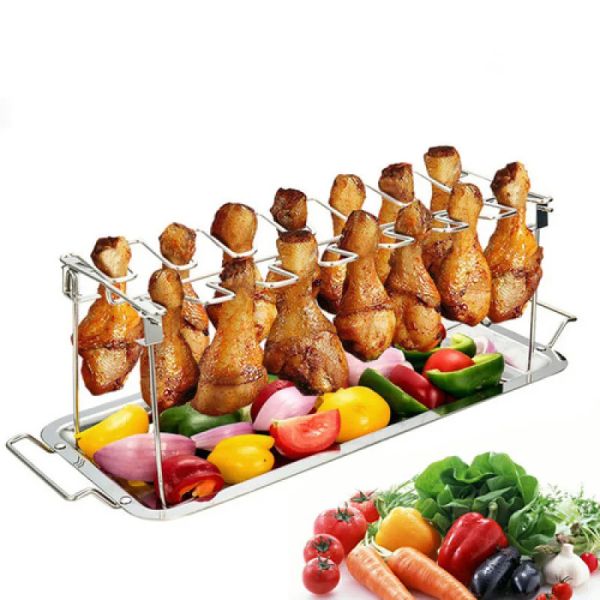 Fourchettes BBQ Boeuf Poulet Aile Jambe Grill Barbecue Grille de Cuisson 14 Fentes Antiadhésives en Acier Inoxydable Barbecue Pilon Four Rôtissoire Support