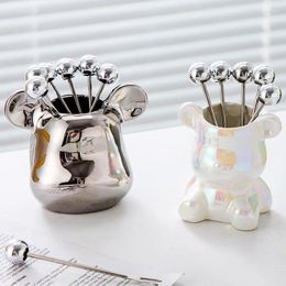 Fourchettes Cartoon Bear Fruit Fork Set Pot de stockage en acier inoxydable Récipient en céramique Gâteau Cocktail