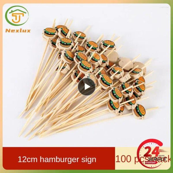 Fourchettes bâtons de bambou jetables, décoration de fête, fournitures de plaisir, Gadgets de cuisine, signe de hamburger de Bar pratique
