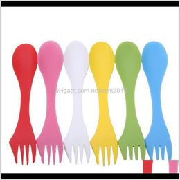 Forks Flatare Kitchen, eetkar Home Garden6pcs/Set 3 in 1 vork salade fruit lepel camping wandelgerei Reisdruppel levering 2021 sCK