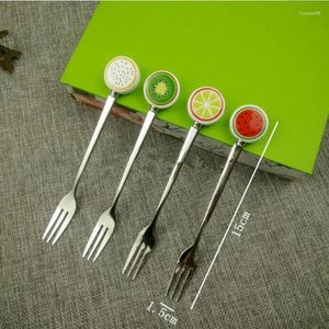 Fourchettes à manche en céramique, motif de fruits, fourchette créative coréenne en acier inoxydable, couleur aléatoire F20233466