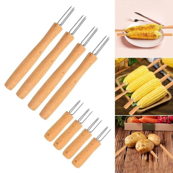 Fourchettes, accessoire de grillade, ensemble d'outils de cuisson de 4 pommes de terre en acier inoxydable avec manche en bois de hêtre, brochettes de maïs réutilisables pour la cuisson