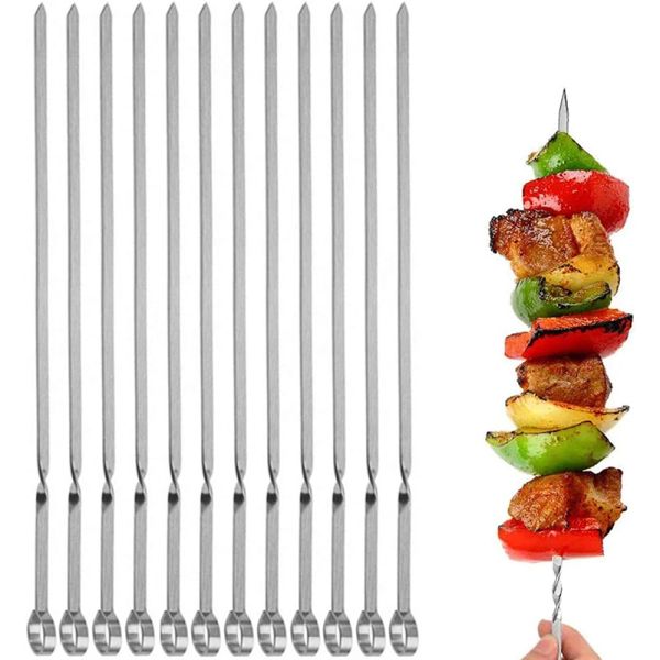 Brochettes de barbecue en métal plat, brochettes de barbecue longues en acier inoxydable, bâtonnets de shish kebob, larges brochettes de grillades réutilisables pour la viande