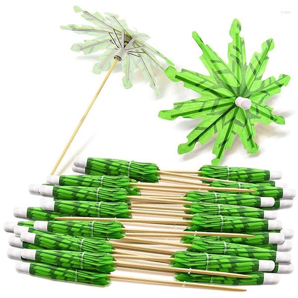 Tenedores Lber Green Coconut Tree Palillos de dientes Paraguas de papel Cóctel hecho a mano Parasol Sticks para decoraciones